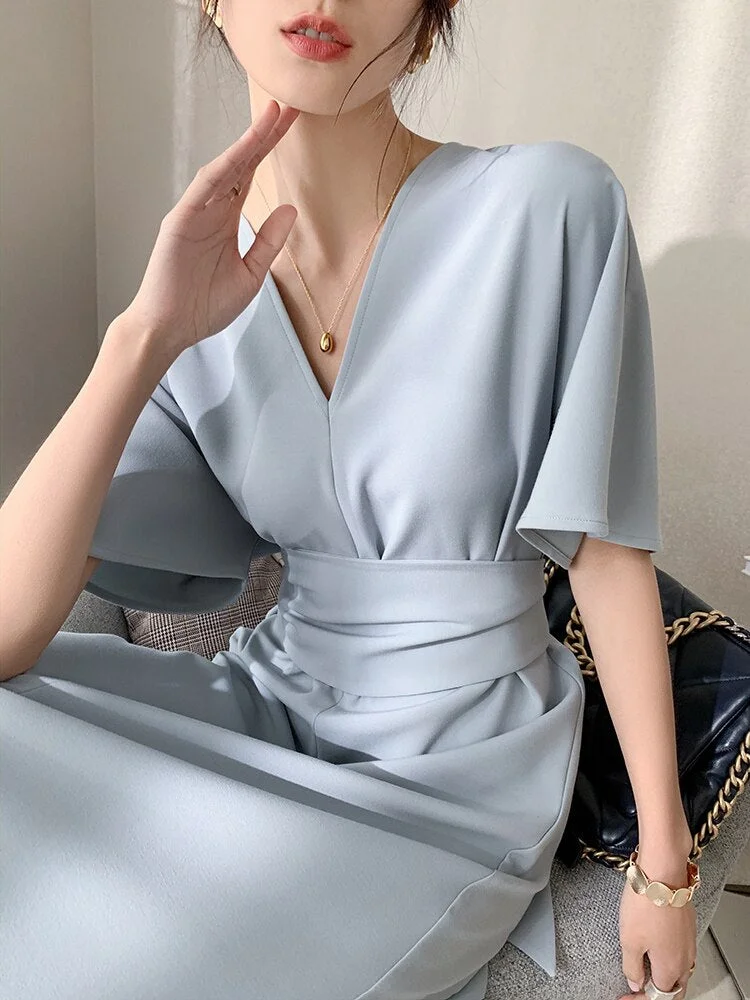 Summer New Women Short Sleeve Office Lady Elegant Vestidos Femme Clothes Midi Slim Solid Lace Up Dress