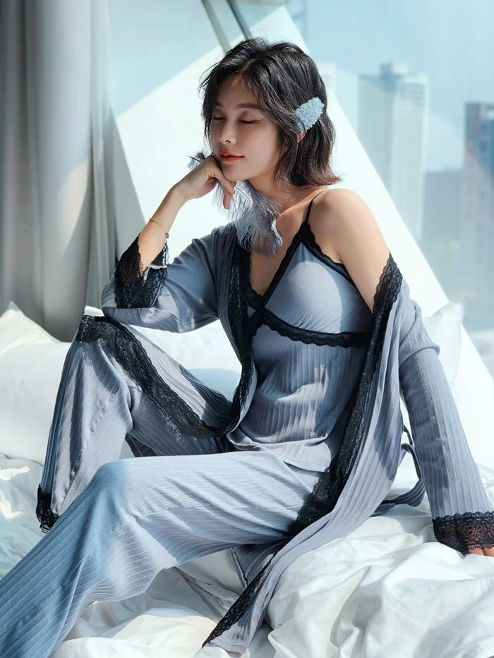 Robe Ensembles Pijamas Women Cotton 3 Pieces Pijamas Feminino Night Suits Intimates Women's Lingerie 2020 Underwear & Sleepwears
