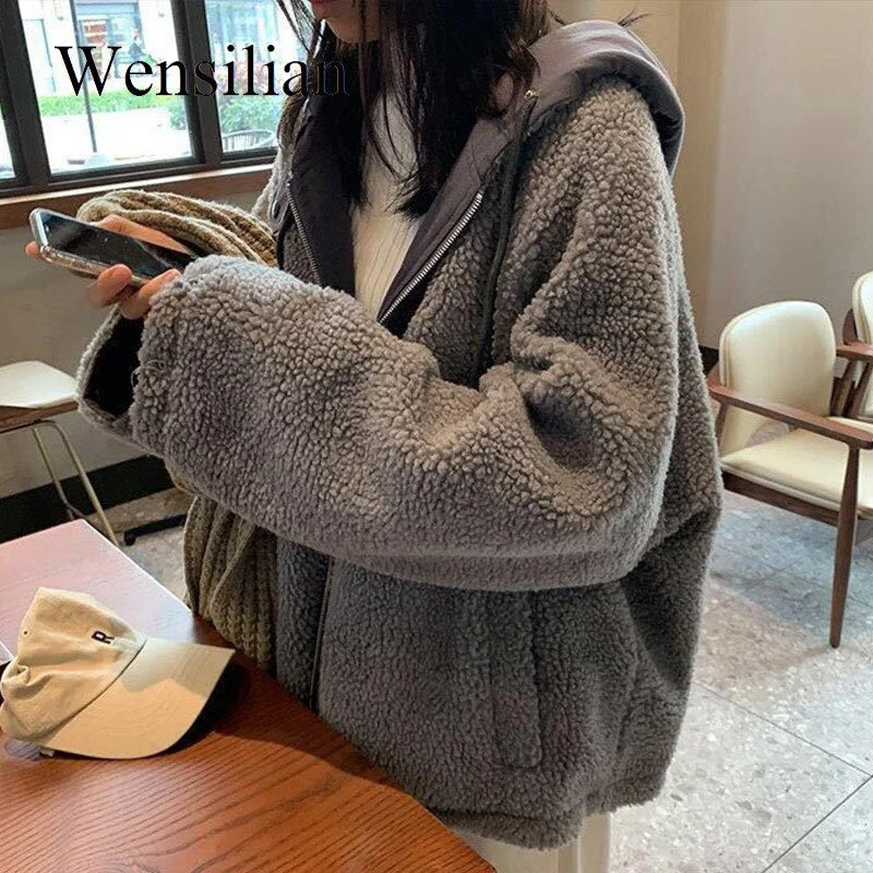 Teddy Coat Women Parkas Oversized Hooded Jackets Winter Thicker Lamb Wool Hooded Outwear Reversible Korean Style Jacket Coat