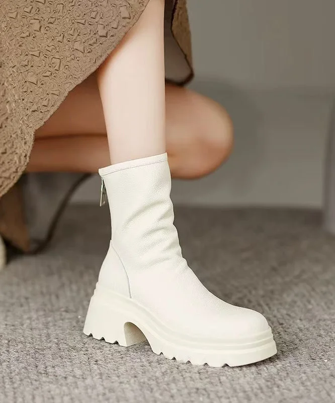 White Cowhide Leather Splicing Chic Chunky Boots