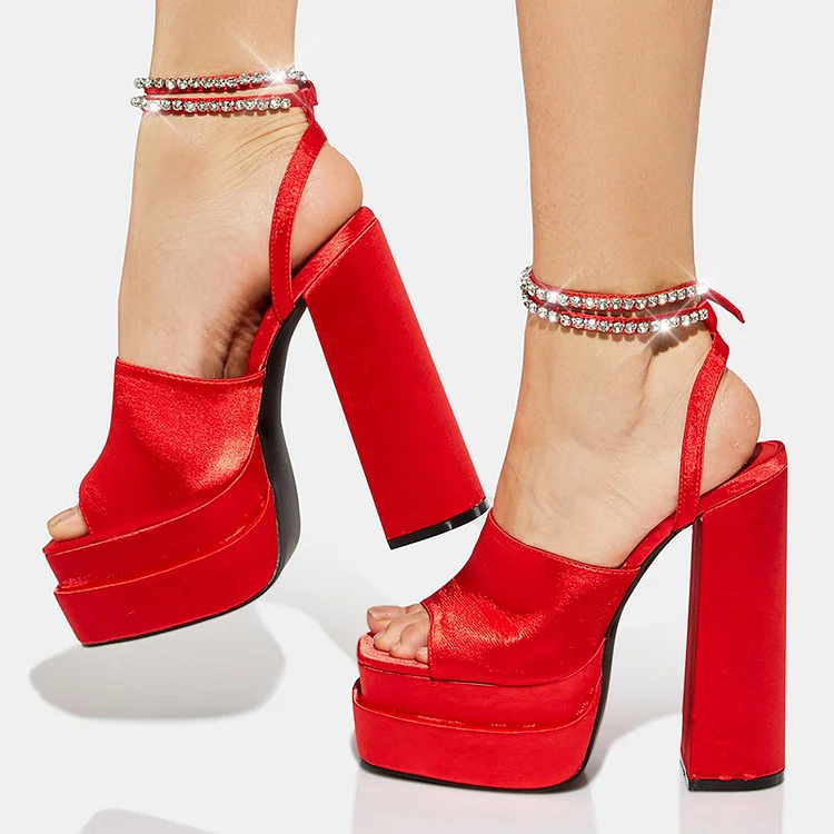 Red Velvet Rhinestone Platform Sandals with Chunky Heels Vdcoo