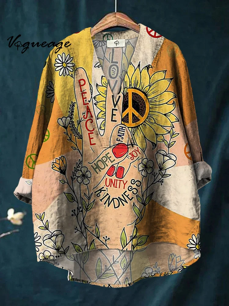 Peace Love Faith Hope Joy Unity Kindness Printed Cotton And Linen Shirt
