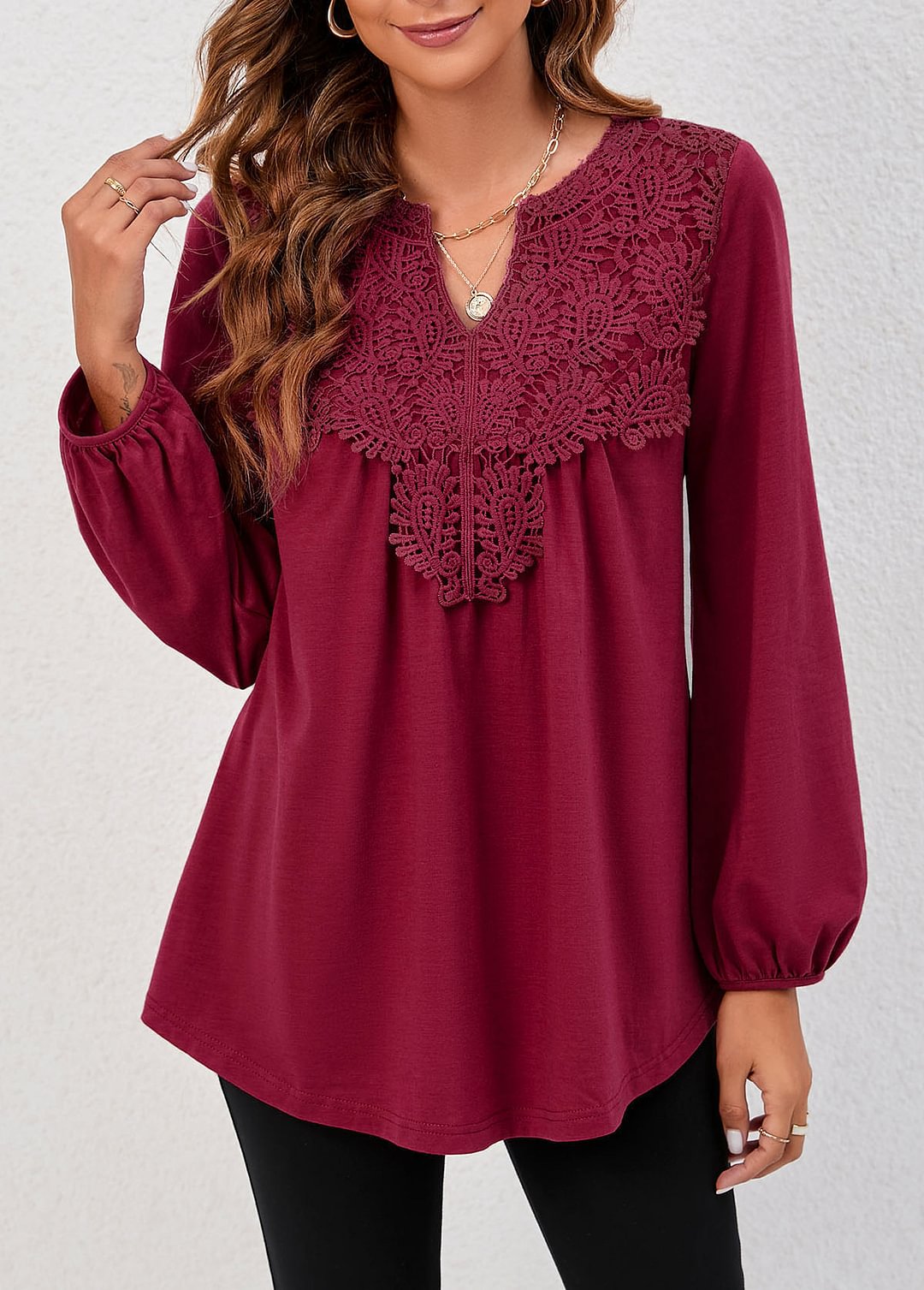 Wine Red Embroidered Split Neck Blouse