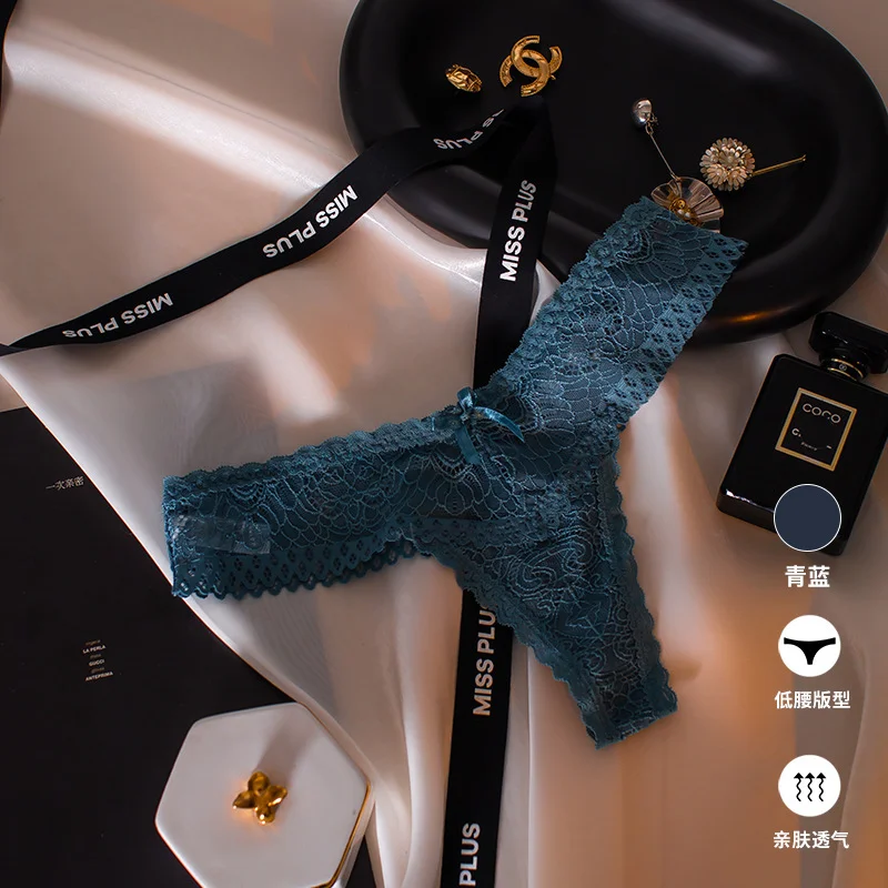 Uveng Uveng Sexy Lace Thong Female Hollow V Waist Pure Desire Bow Breathless Large Peach Butt Trousers