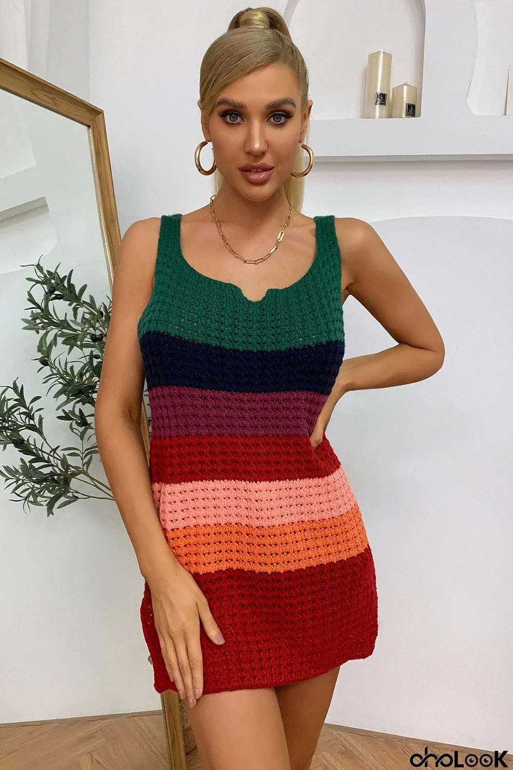Color Block Notched Neck Slit Sweater Dress