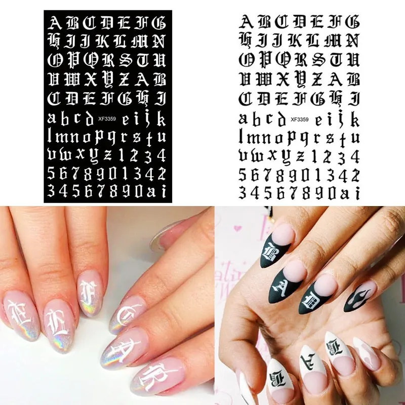 12Pc/Set Nail Sticker Letter Number Nail Designs White Black Laser Gold Silver Stickers Wrap Tips Decoration Acrylic Nails Tool-Nail Inspo