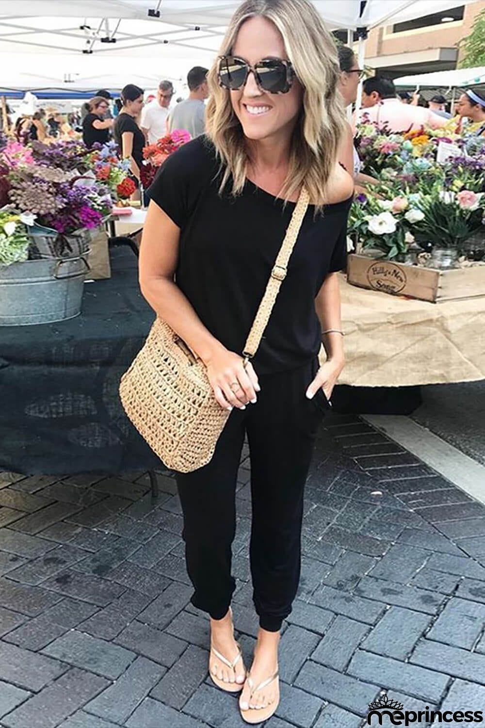 Women's Loose Fit Off Shoulder Jumpsuit Rompers with Pockets