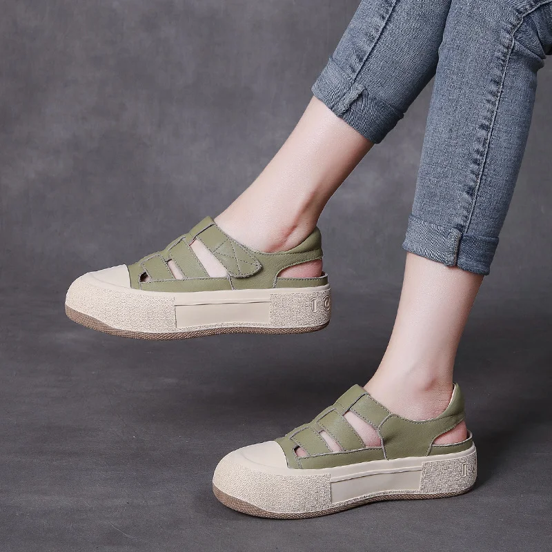 Yyvonne To 99] Leather Sports Sandals Women Wearing Women Wearing Women's Coats Magic Sticker Flat Leather Roman Thick Bottom