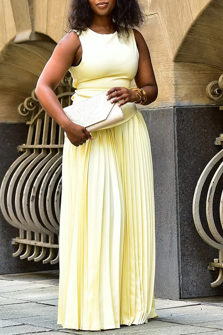 Plus Size Business Casual Yellow Elegant Round Neck Pleated Two Piece Skirt Sets [Pre-Order] 2024 - Xpluswear