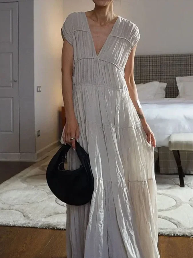 Women's Casual Solid Color V-Neck Short Sleeve Pleated Dress