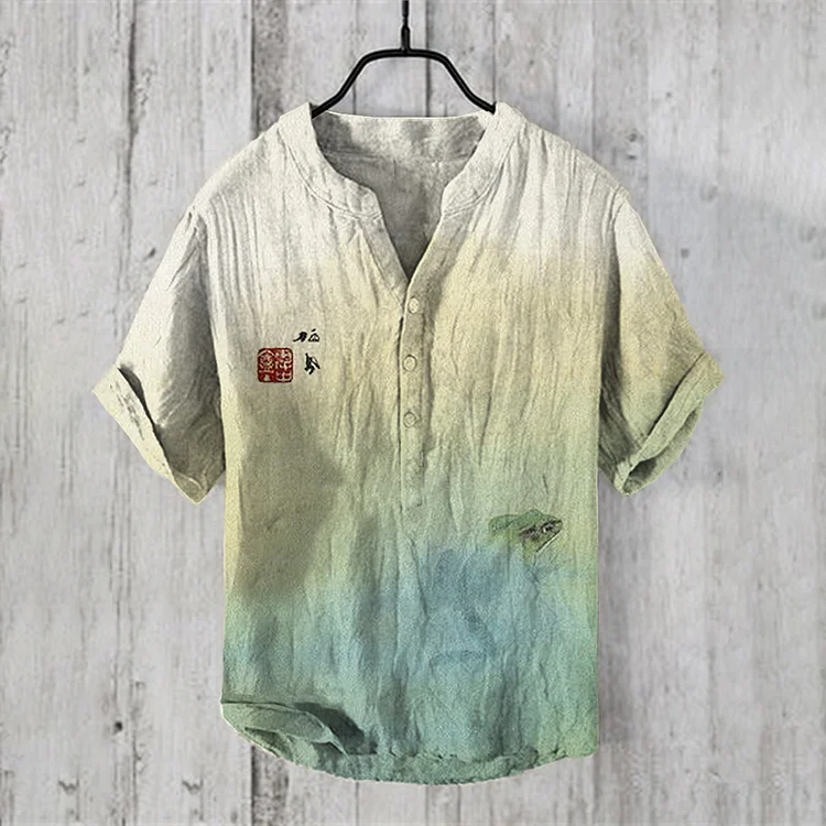 Comstylish Pond Frog Japanese Art V-Neck Linen Blend Cozy Shirt