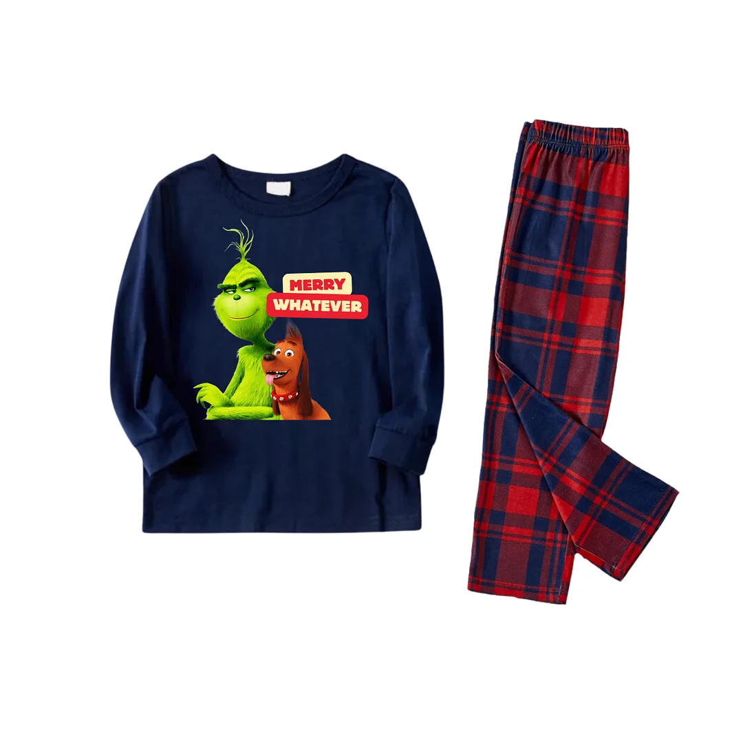 Cartoon Pattern and "Merry Whatever" Text Printed Blue Top Red&Blue Plaid Pants Family Matching Pajamas