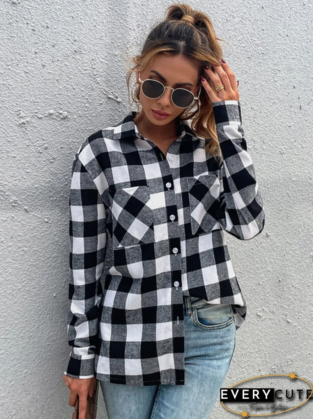 Plaid Drop Cardigan Lapel Long Sleeve Casual Top Shirt Blouse