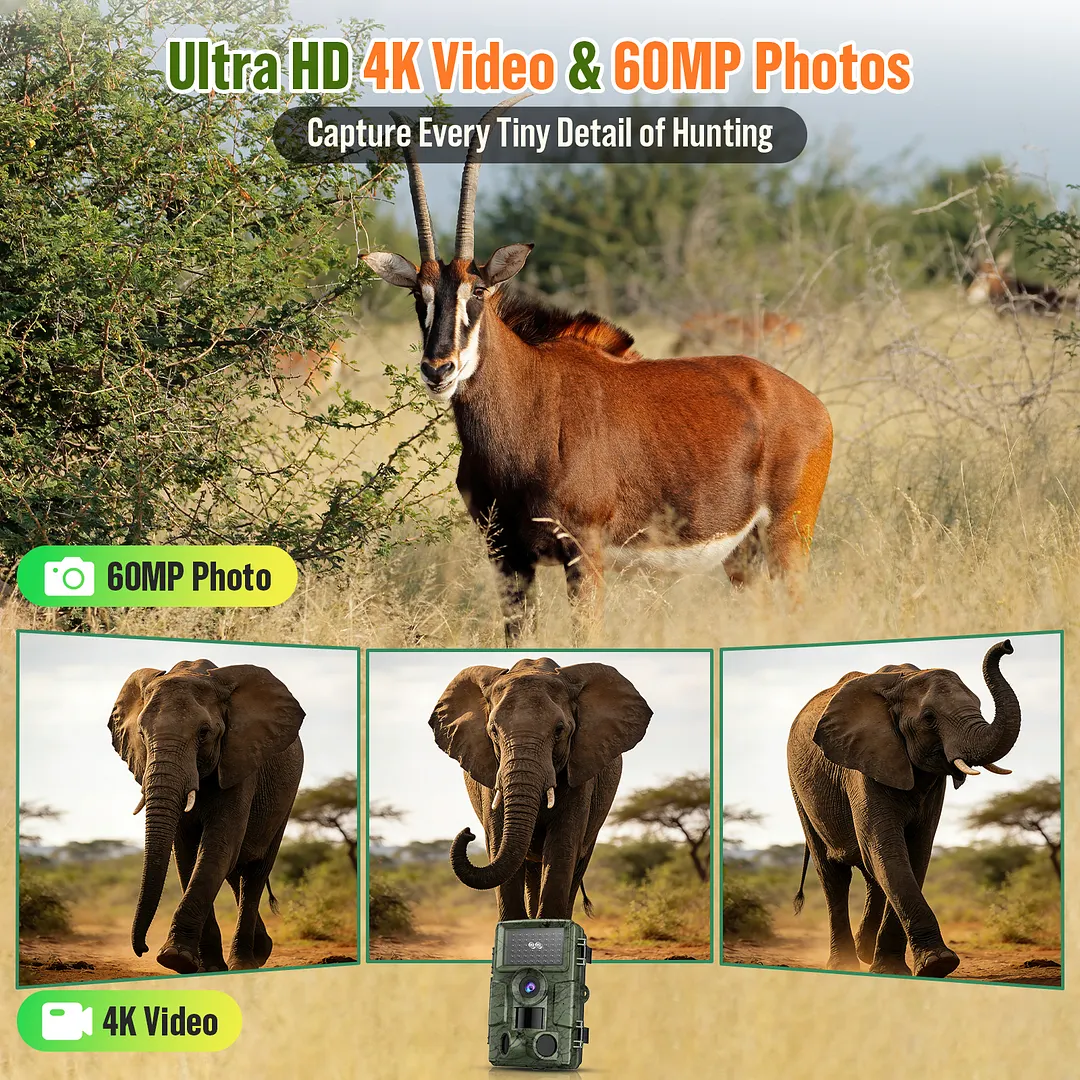 BEBANG 4K WIFI Trail Camera, 60MP 1296P Hunting Camera, 64GB TF Card, 120&deg;Wide-Angle for Deer Scouting or Home Security