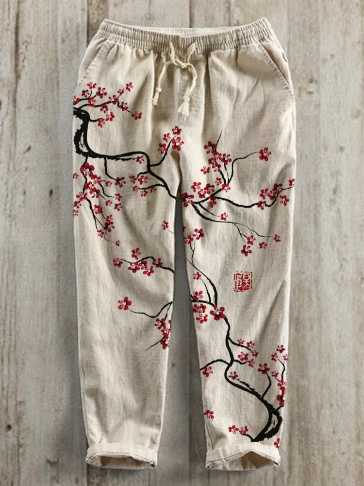 Comstylish Plum Blossom Japanese Art Linen Blend Casual Pants