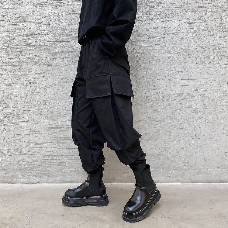 Dawfashion-Dark Basic Model Large Pocket Decorated Loose Washed Leggings Pants-Yamamoto Diablo Clothing