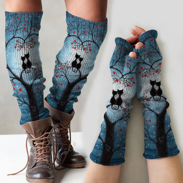 （Ship within 24 hours）Vintage cat floral print knitted leg warmers + fingerless gloves set