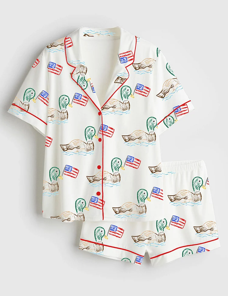 Women&rsquo;s 4th Of July Independence Day Patriotic USA Ducks Print Short Sleeve Satin Pajama Set