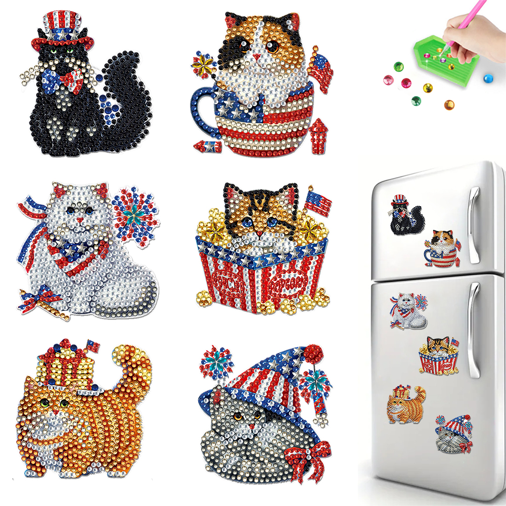 6Pcs Diamond Painting Refrigerator Magnet Fridge Magnet(Independence Day Cat)