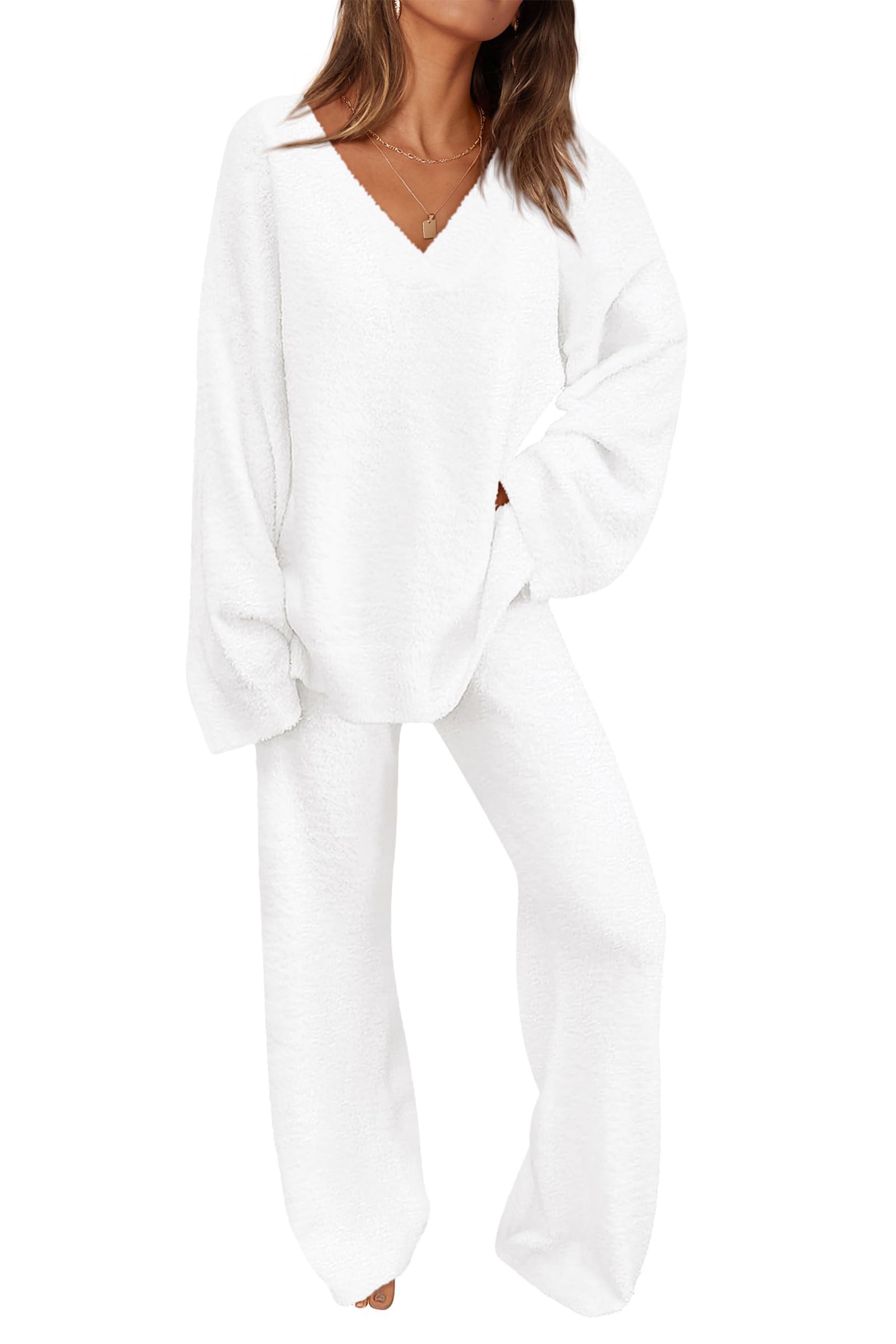 Women's 2 Piece Oversized V Neck Pullover Sweater Fuzzy Lounge Set 