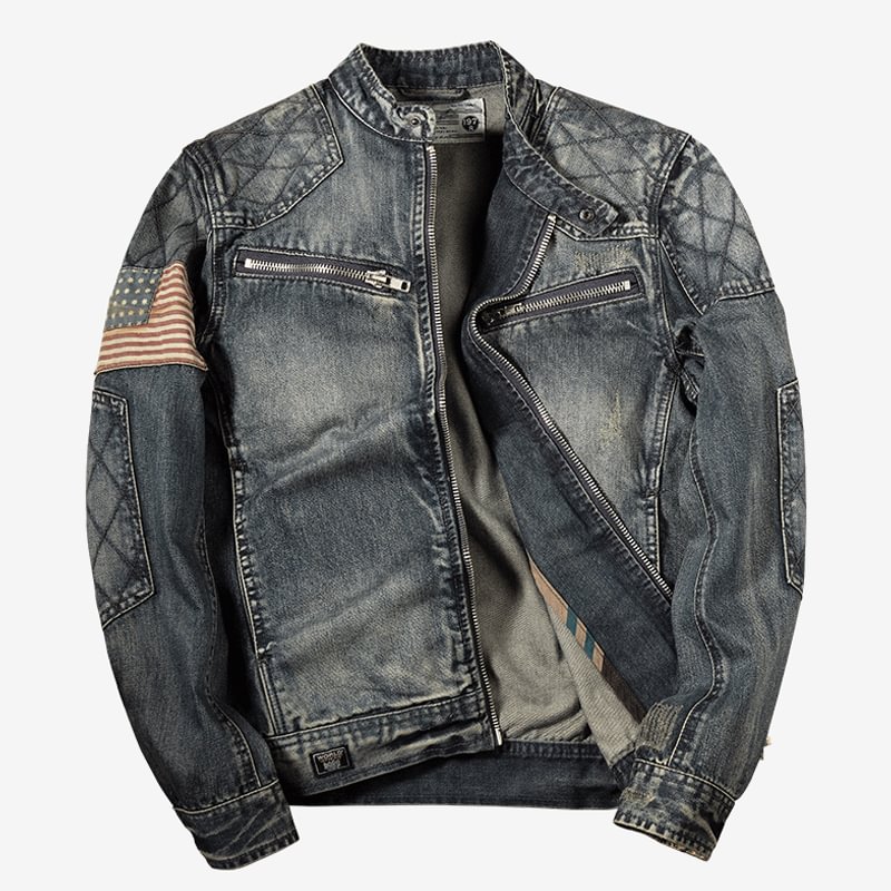 Vintage Stand-up Collar Denim Patchwork Biker Jacket