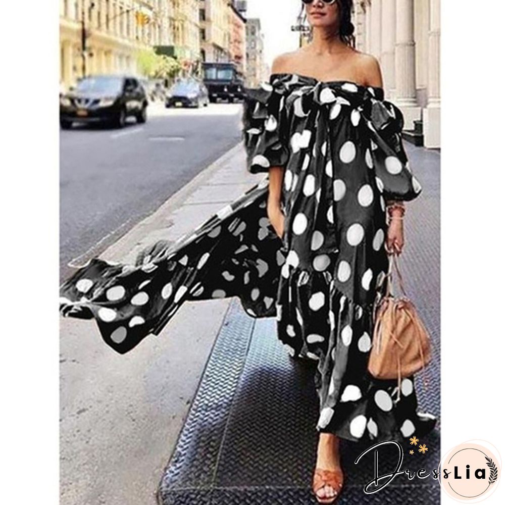 Women's Off-shoulder Polka Dot Summer Casual Boho Holiday Maxi Dress
