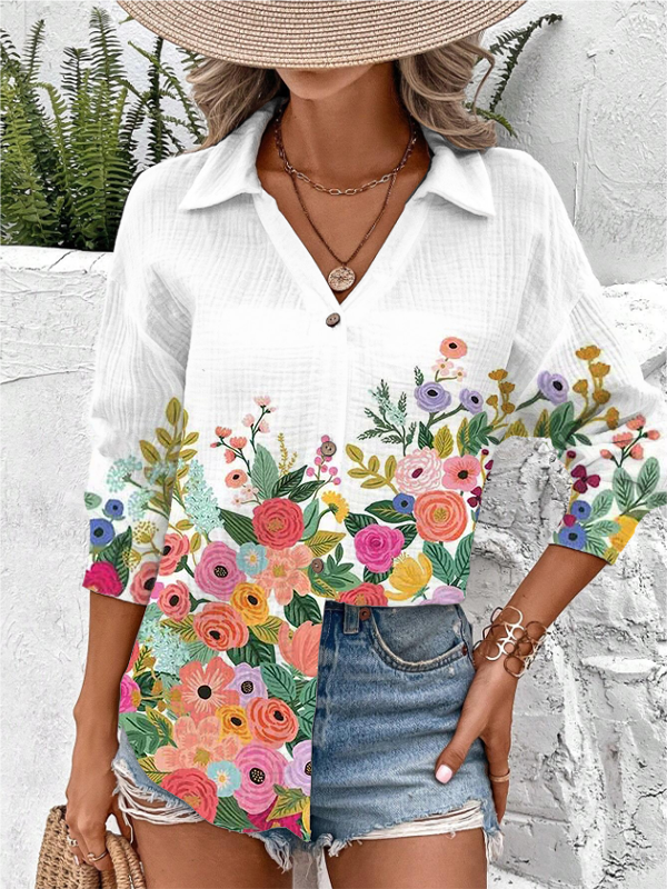 Women's Floral Leaves Art Printed Long Sleeve Shirt