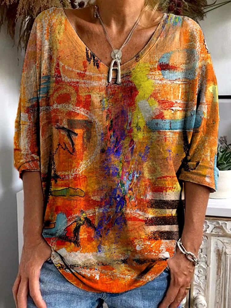 Women's Oil Painting Style Art Print Long-sleeved V-neck T-shirt