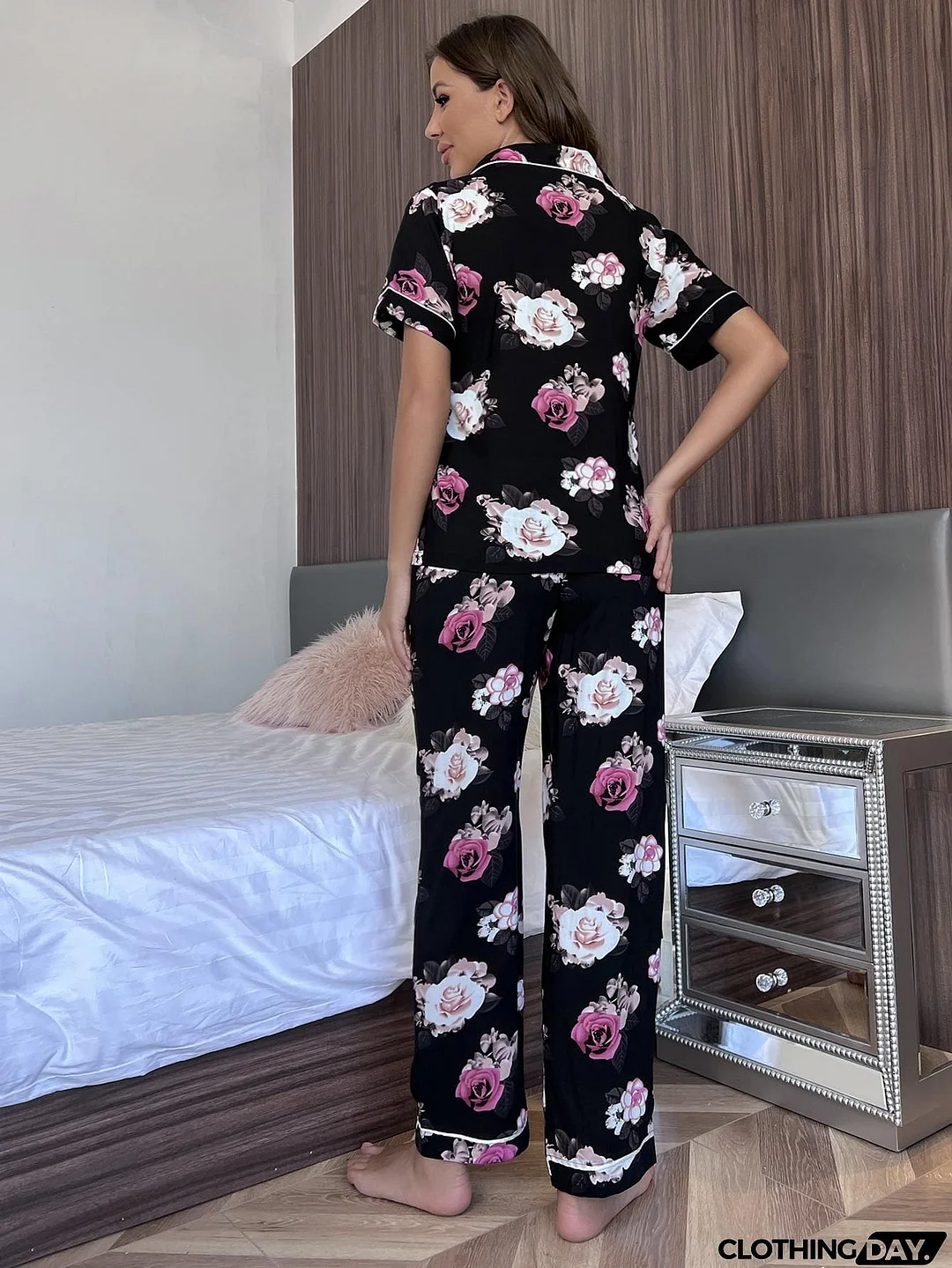 Floral Short Sleeve Shirt and Pants Lounge Set