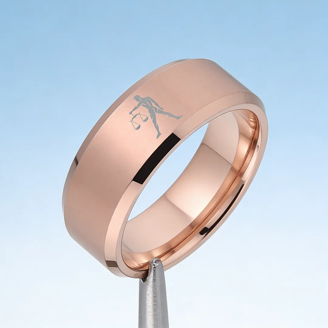 Rose Gold Libra Tungsten Carbide Rings Beveled Edges Rose Gold Laser Etched Couple Wedding Bands for Men and Women 4MM 6MM 8MM Width
