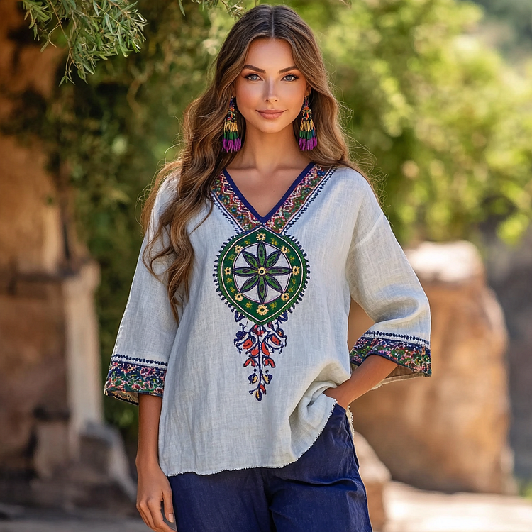Lunivibe Women's Vintage Hippie Floral Linen Long Sleeve T-shirt