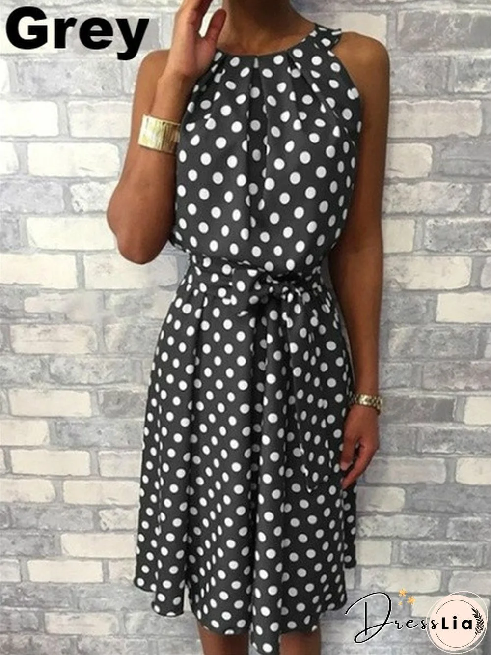 New Fashion Women Round Neck Summer Polka Dot Printed Sleeveless Dress Ladies Casual Mid-length Plus Size Dress