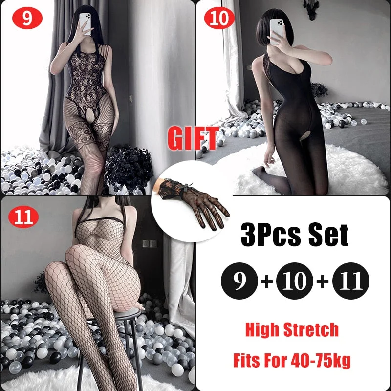 OJBK 3Pcs Sexy Lingerie Set Open Crotch Stretch Mesh Body Stockings 15 Style Teddies Bodysuit Erotic Outfit Plus Size Underwear