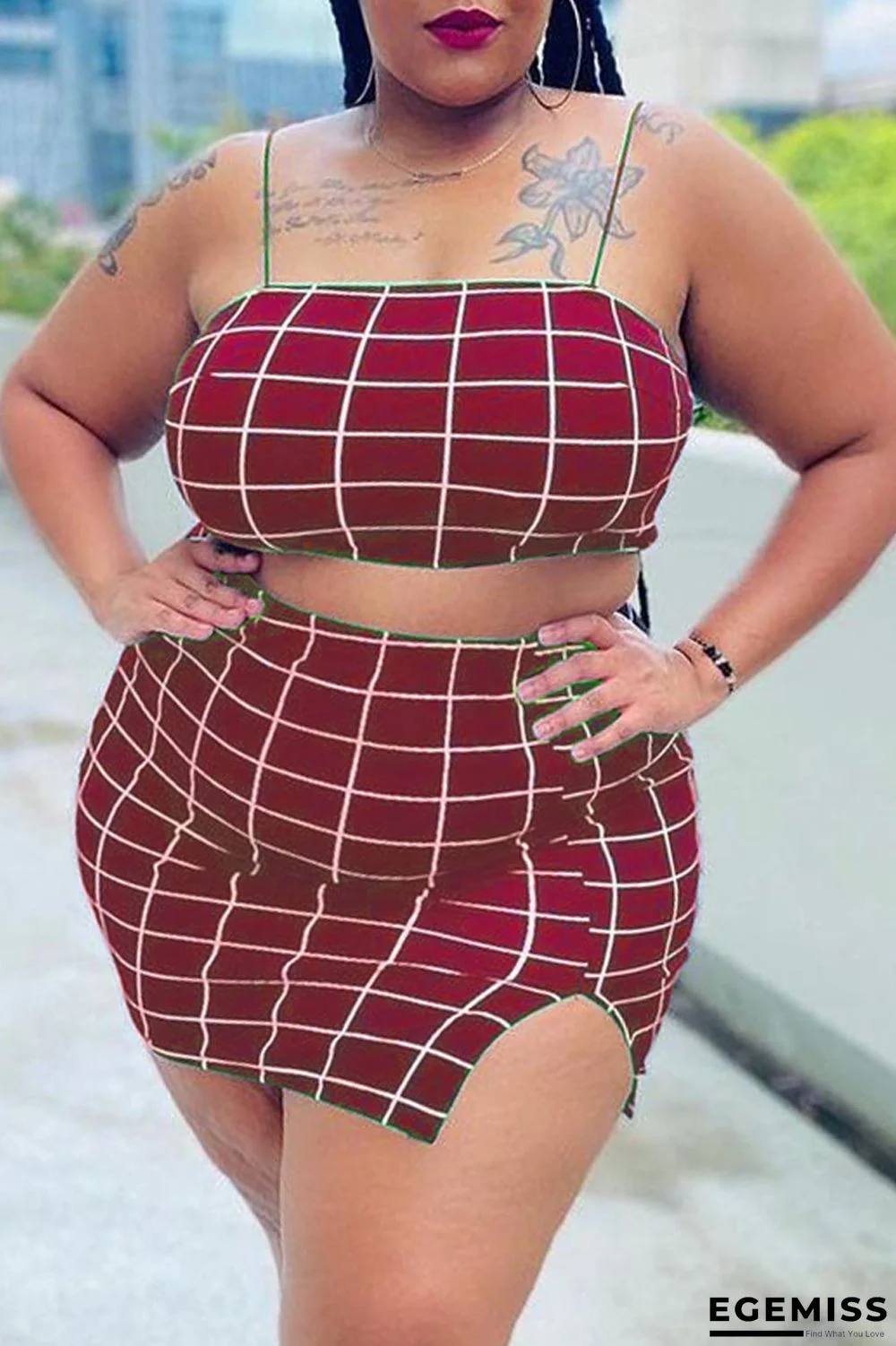Red Sexy Casual Letter Print Backless Spaghetti Strap Plus Size Two Pieces | EGEMISS