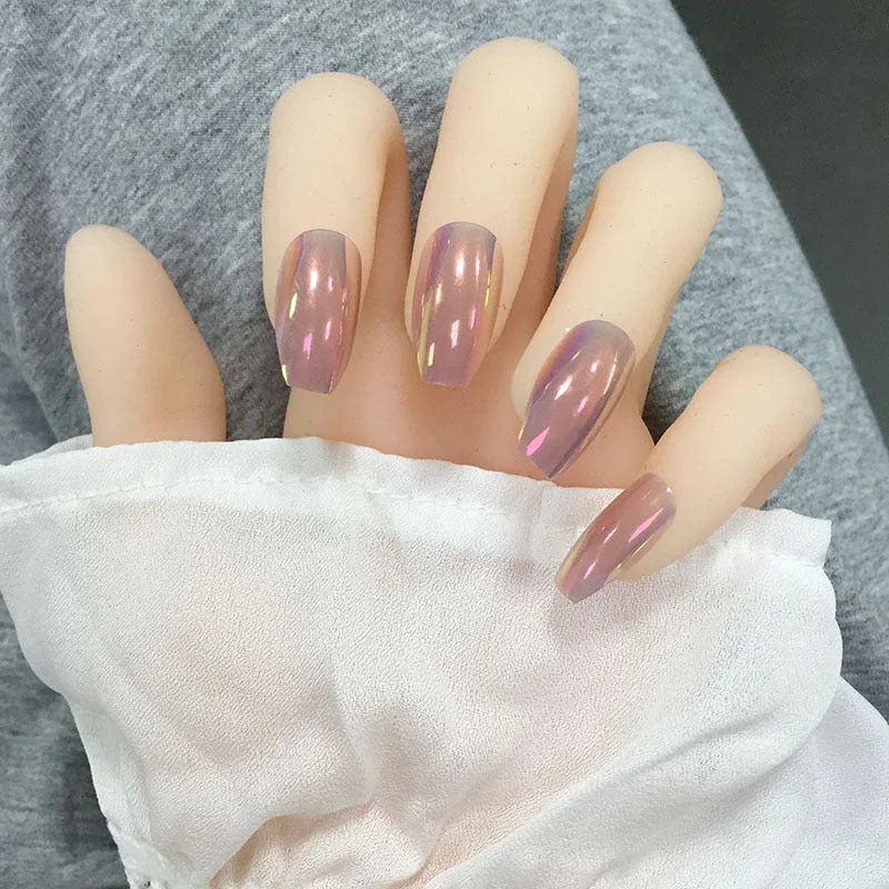 24PCS/box Gradient Color Ballet Med-Length Fake Nails press on full cover Wearing Wearable acrylic nail tips with glue for girls-Nail Inspo