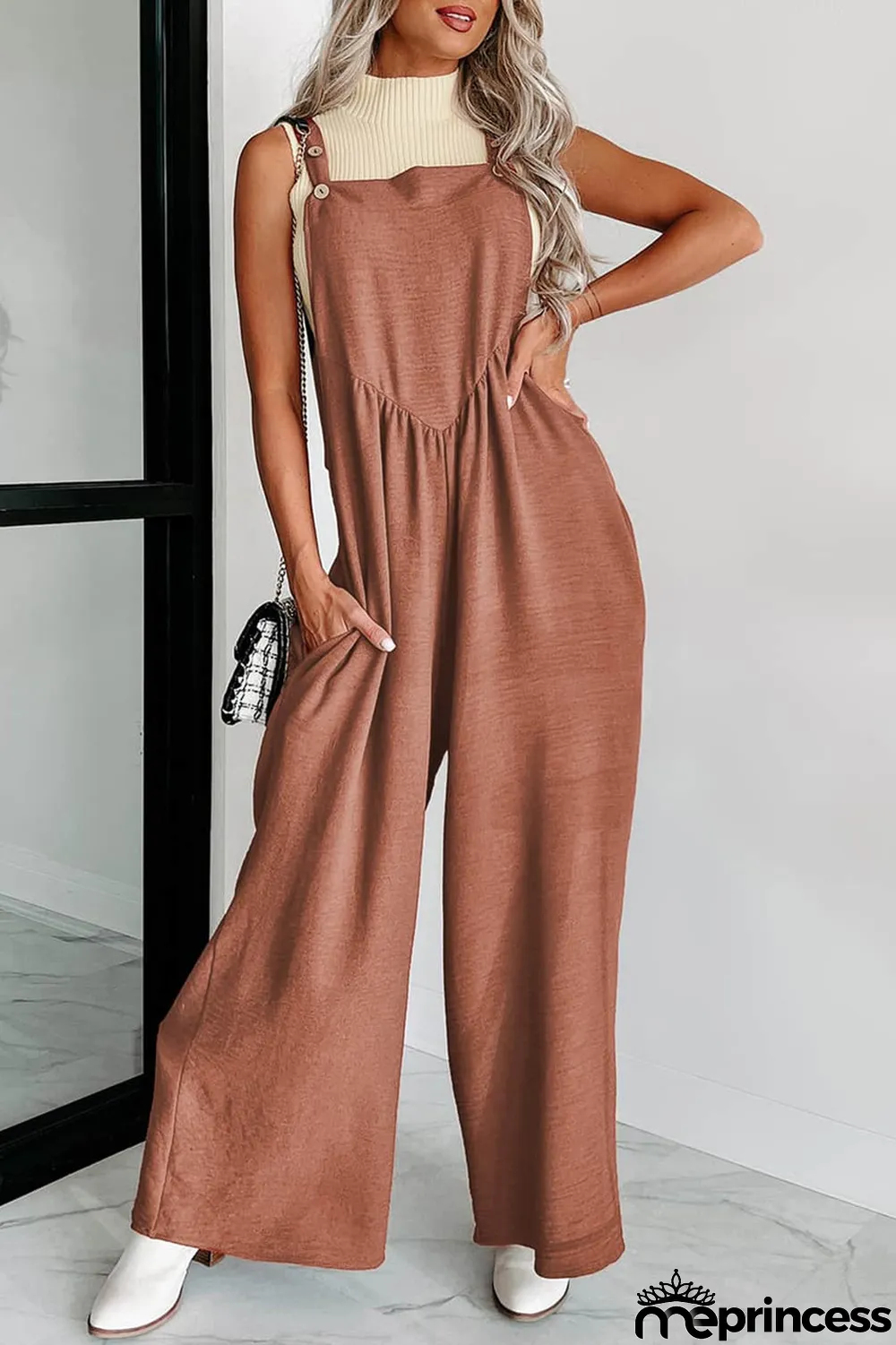 Gold Flame Textured Buttoned Straps Ruched Wide Leg Jumpsuit