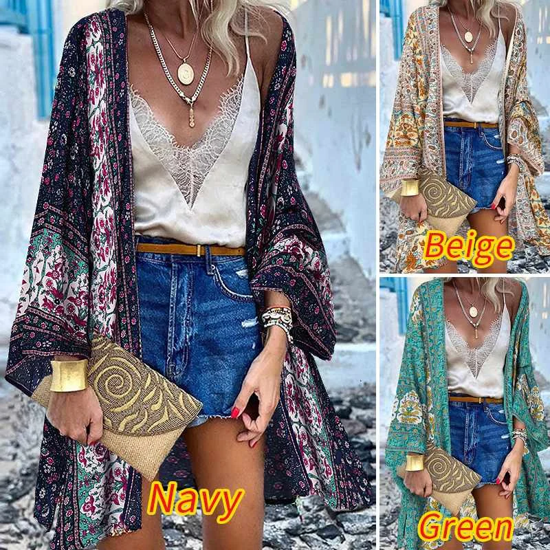 ZANZEA Women Summer Open Front Long Sleeve Blouse Kimono Bohemian Floral Printed Cardigan Vintage Blusas Casual Loose Beach Tops