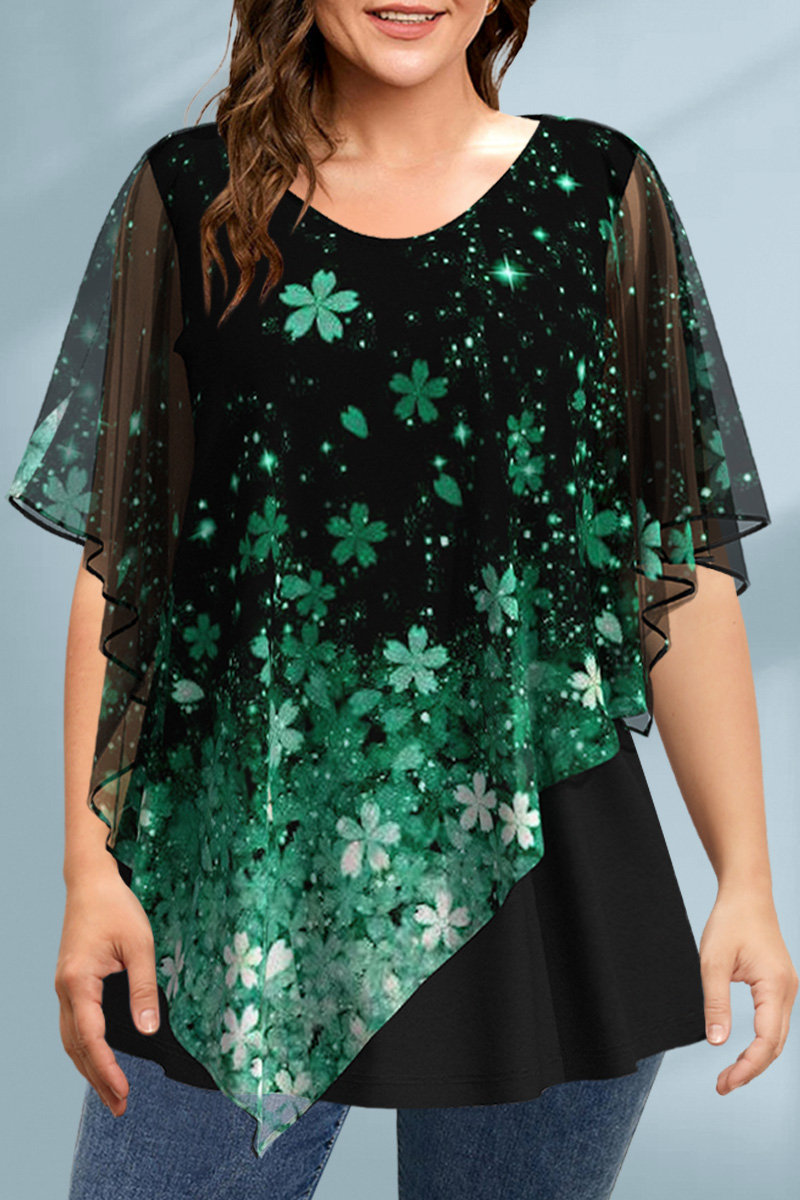 Flycurvy Plus Size Dressy Black Ombre Sakura Print Batwing Sleeve Layered Blouse 2024 - Flycurvy 