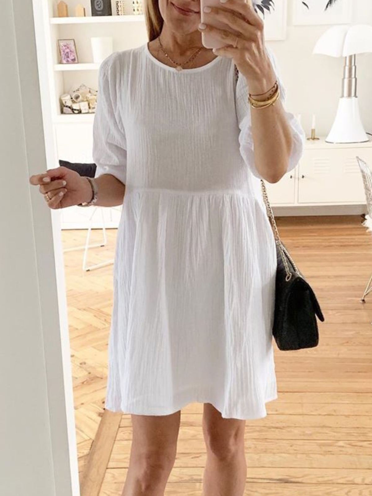 White Crew Neck Solid Half Sleeve Cotton Dresses