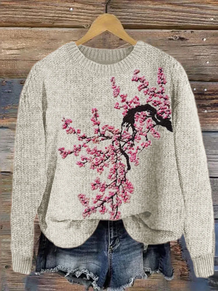 Cherry Blossom Embroidery Cozy Knit Sweater