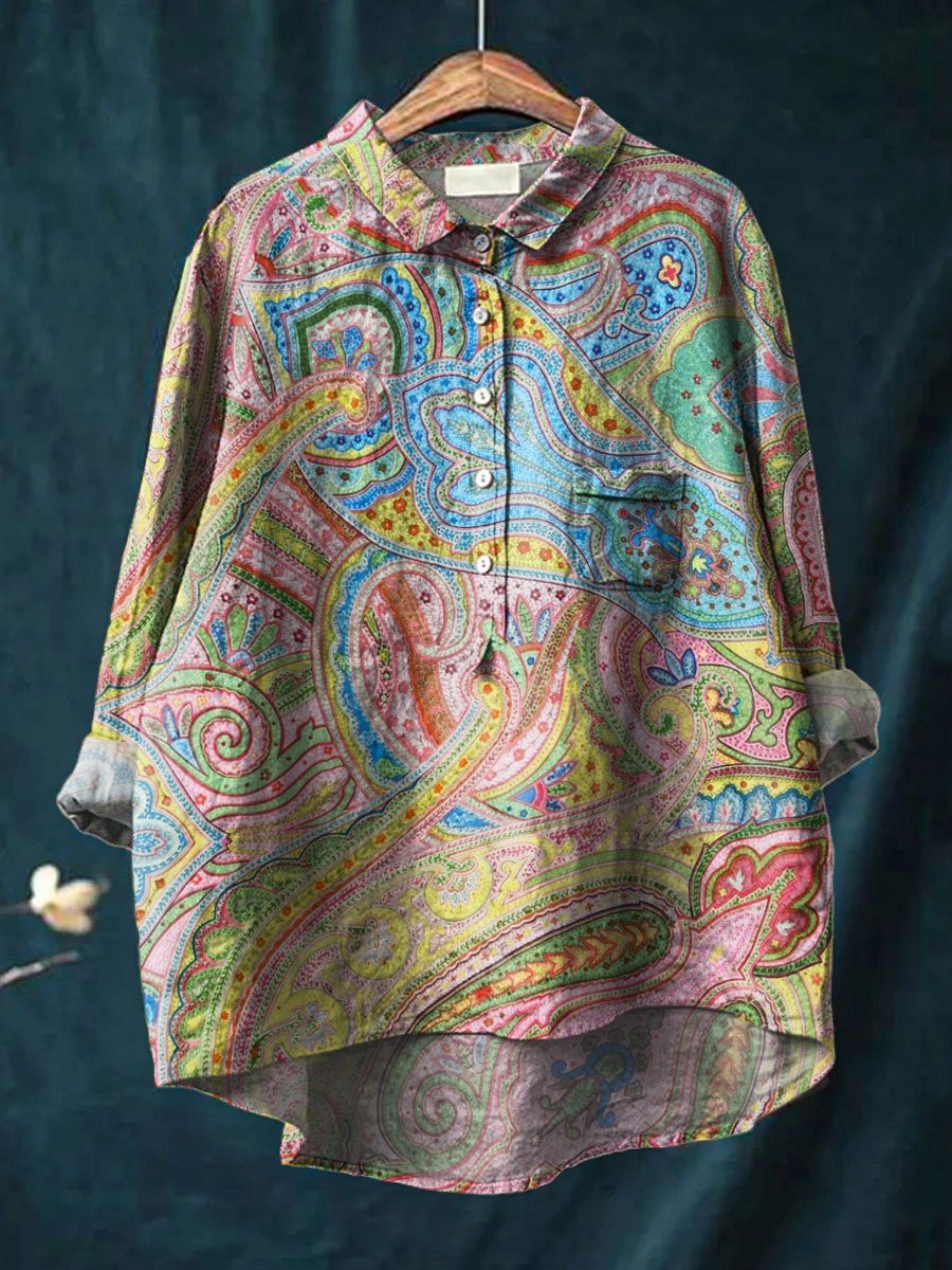 Women's Vintage Ethnic Pattern Art Print Casual Cotton And Linen Shirt