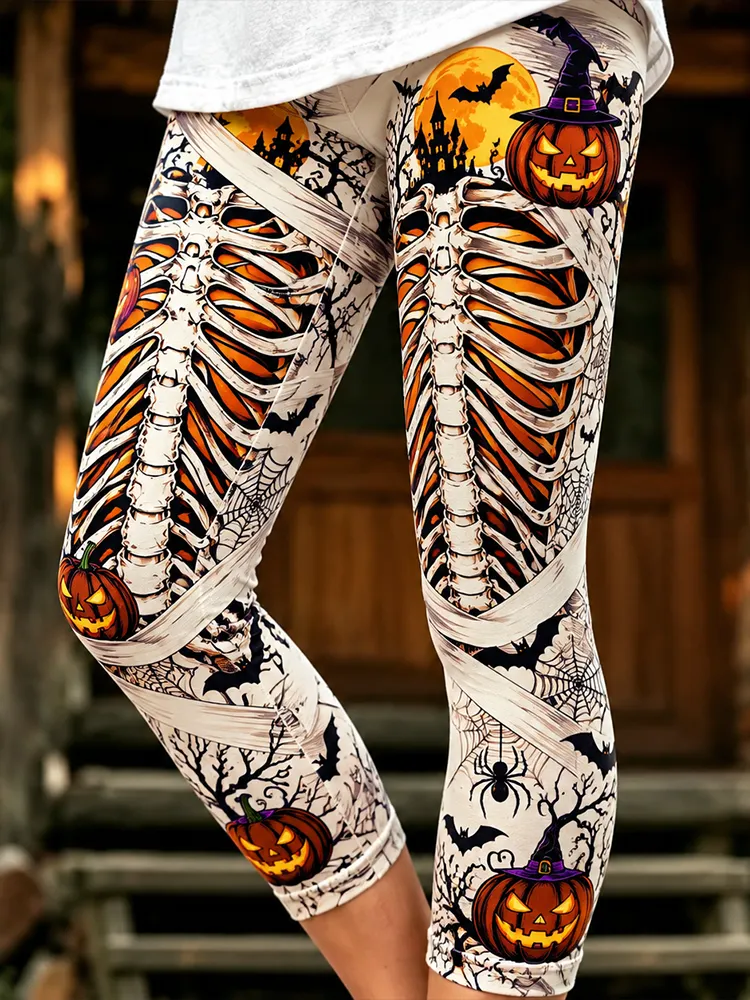 Women's Halloween Leggings With Spooky Skeleton Ribcage, Mummy Wraps, And Witch Hat Jack-o'-lantern Print