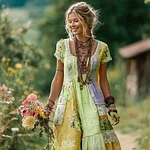 Women's Floral Color Block Round Neck Short Sleeve Long Dress - Image 6