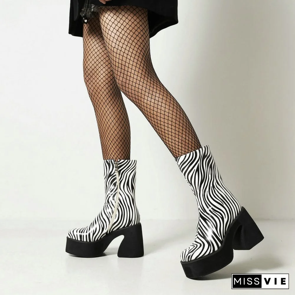 Zebra Cow Print Slip-On Platform Boots