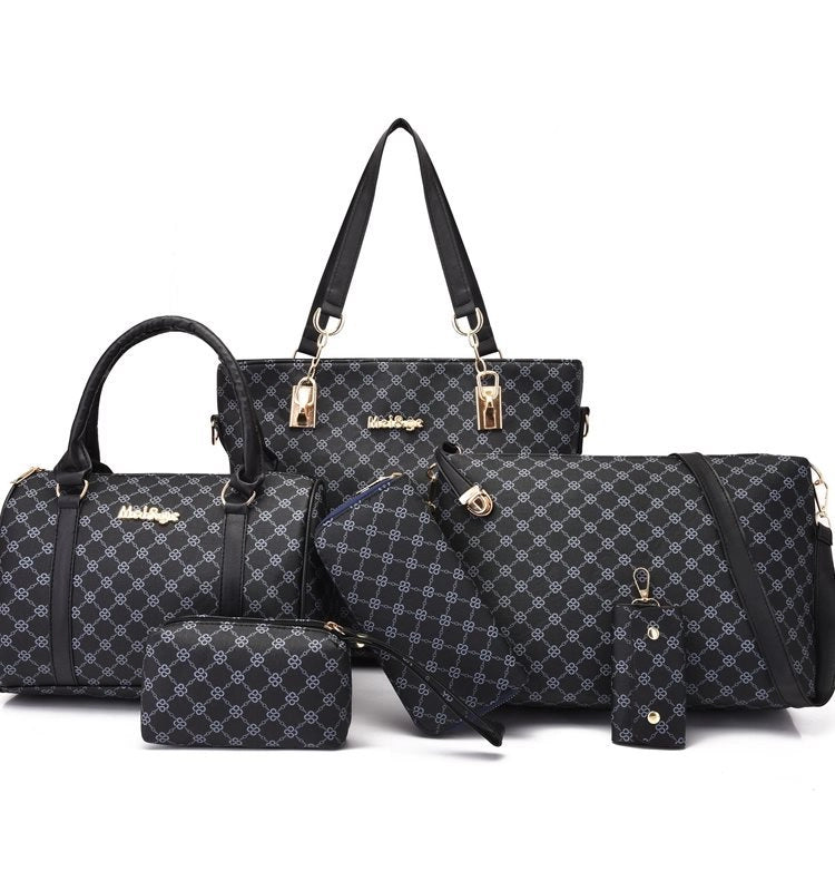 New Large Capacity Bag Six-piece Printed Handbag Black Shoulder Bag Crossbody Bag Mother Bag