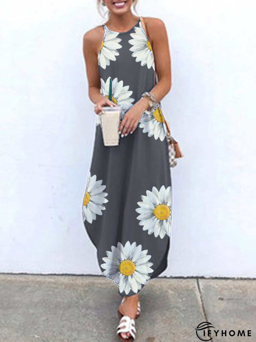 Gray Floral A-Line Knitted Knitting Dress | IFYHOME