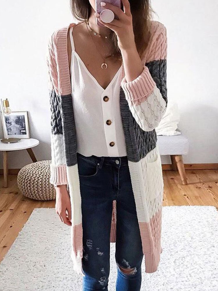 Contrast Color Open Front Long Sleeve Pocket Cardigan