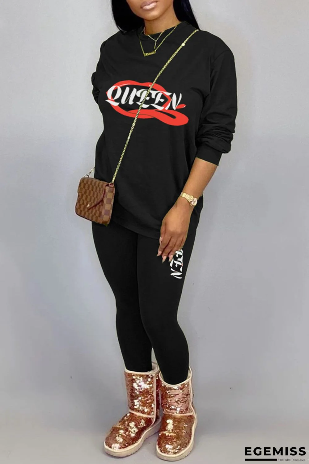 Black Casual Print Patchwork O Neck Long Sleeve Two Pieces | EGEMISS