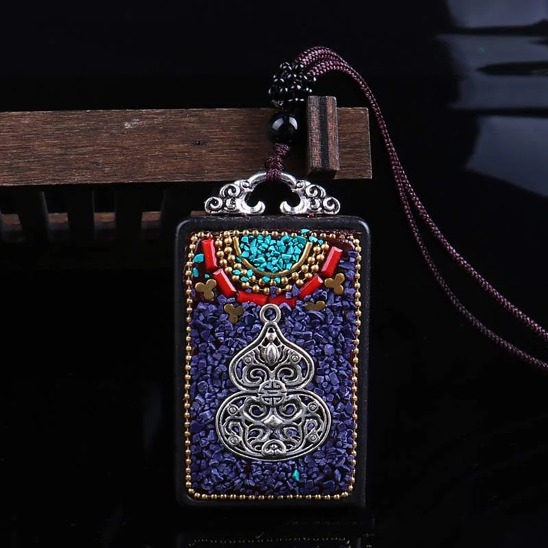 Ebony Wood Elephant Lotus Balance String Necklace Pendant