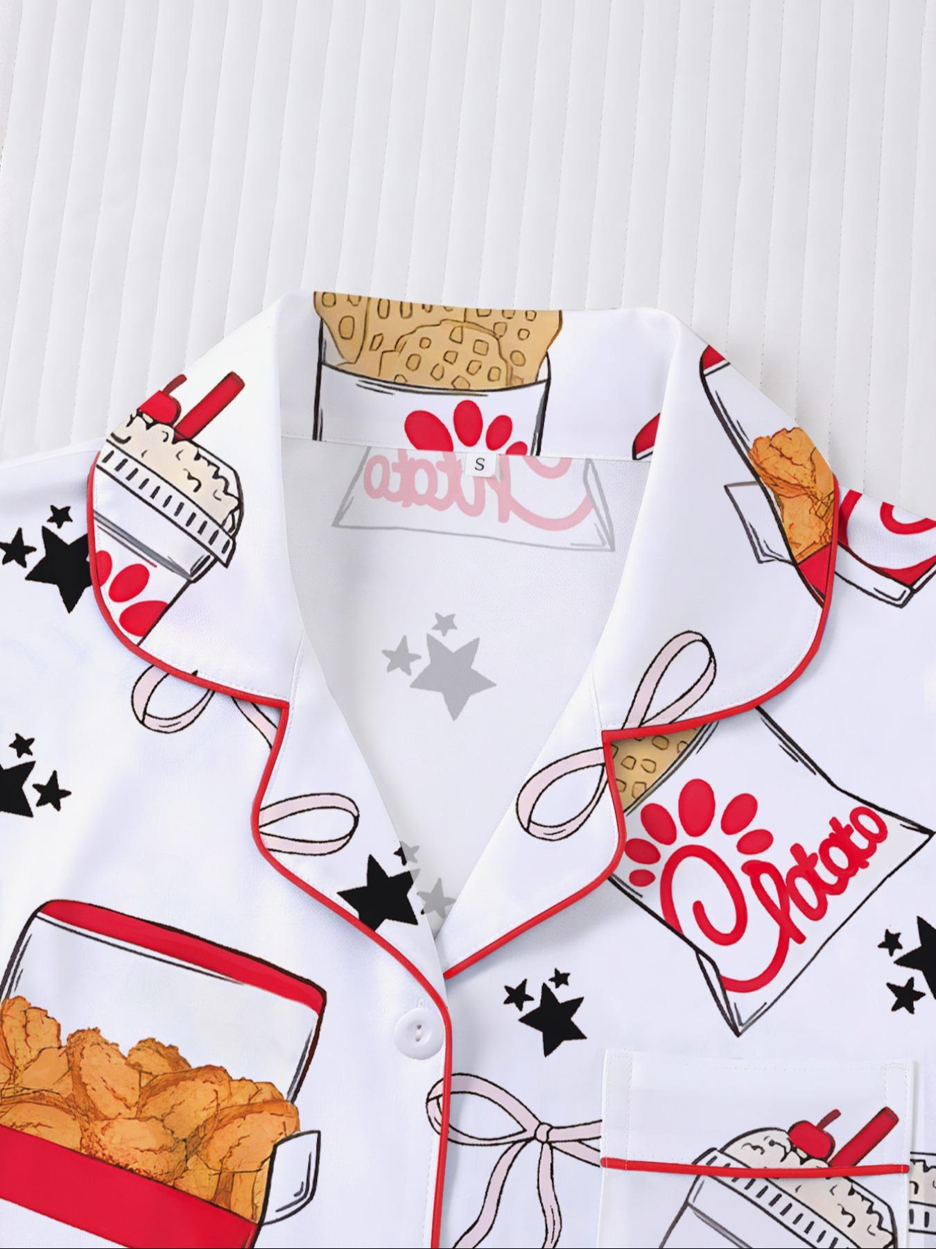 Women's Snack Chicken Bow Print Pajama Set, Short Sleeve Button-Up Soft Top & Loose Elastic Shorts, Casual Home Wear Loungewear for Daily Use Pyjamas